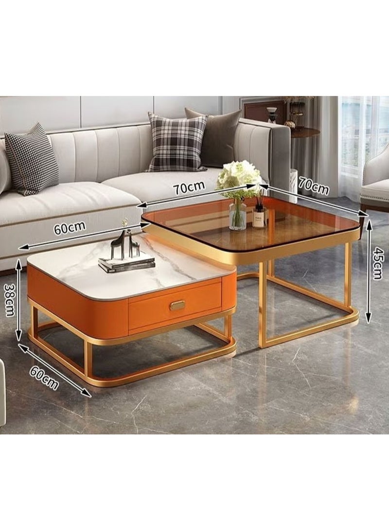 DubaiGallery Stylish Living Room 2-Piece Coffee Table Set, Marble Drawer Storage Table + Glass Square Table, Gold Steel Base, Premium Modern Furniture - Image 3