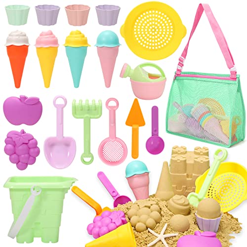 Tagitary ألعاب شاطئ تاغيتاري للأطفال، مجموعة ألعاب شاطئ 23 قطعة مع قوالب كعكة الآيس كريم، حقيبة شاطئ شبكية، دلو، علبة سقي، مجرفة، مشط - مثالية لصندوق الرمل للأطفال، اللعب في الهواء الطلق والسفر إلى الشاطئ - Image 1