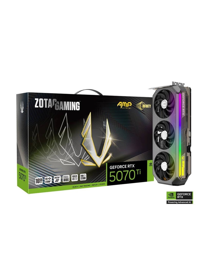 زوتاك بطاقة الرسوميات GAMING GeForce RTX 5070 Ti AMP Extreme INFINITY بسعة 16GB GDDR7، 8960 نواة CUDA، تردد محرك 2512 MHz، DLSS 4، نظام تبريد IceStorm 3.0، تصميم مرآة لانهائية، ثنائي BIOS، 3 x DisplayPort 2.1b، 1 x HDMI 2.1b، إضاءة RGB SPECTRA 2.0، حجم 3.5 فتحة، لوحة خلفية معدنية، ضوء أمان 12V-2x6، دعامة دعم GPU | ZT-B50710B-10P - Image 1