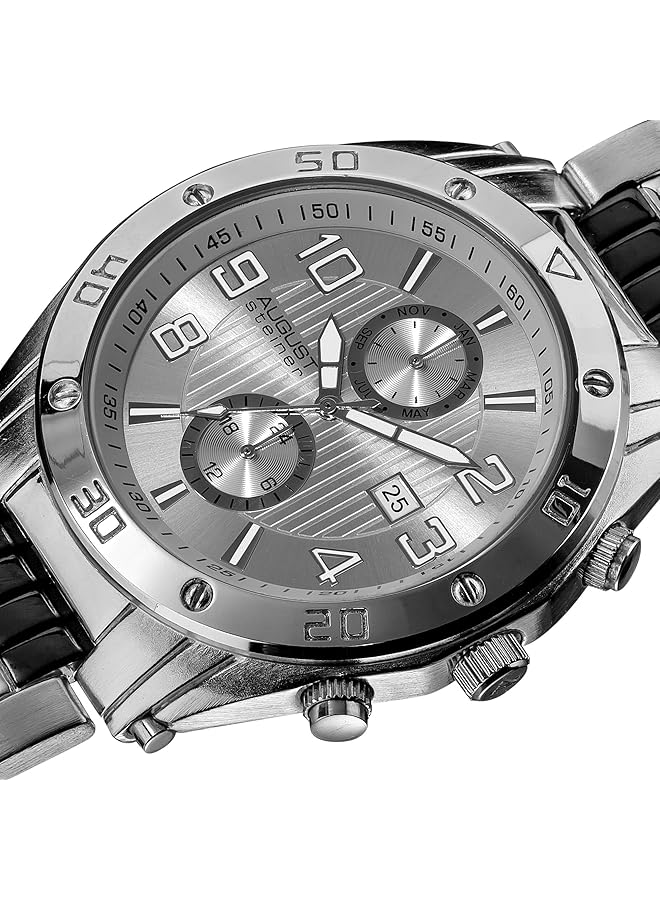 August Steiner Men Urban Tachymeter Bezel Fashion Watch Bold Numbers On Dial With Day Of Week And Date Subdial On Two Tone Black And Silver Stainless Steel Bracelet As8070 - Image 2
