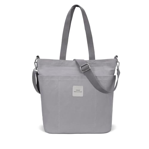 Iswee Canvas Tote Bag with Zipper Multi Pockets Tote Purse for Women Fashion Crossbody Tote Shoulder Bag Handbag Everyday Bag(Grey) - Image 1