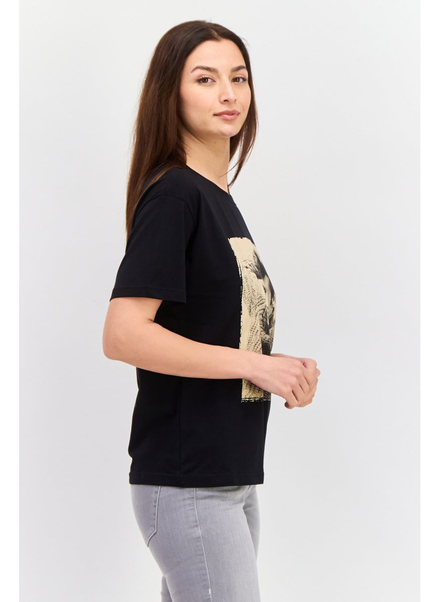 ELVIS Women Crew Neck Short Sleeves Graphic Printed T-Shirt, Black  - Image 2
