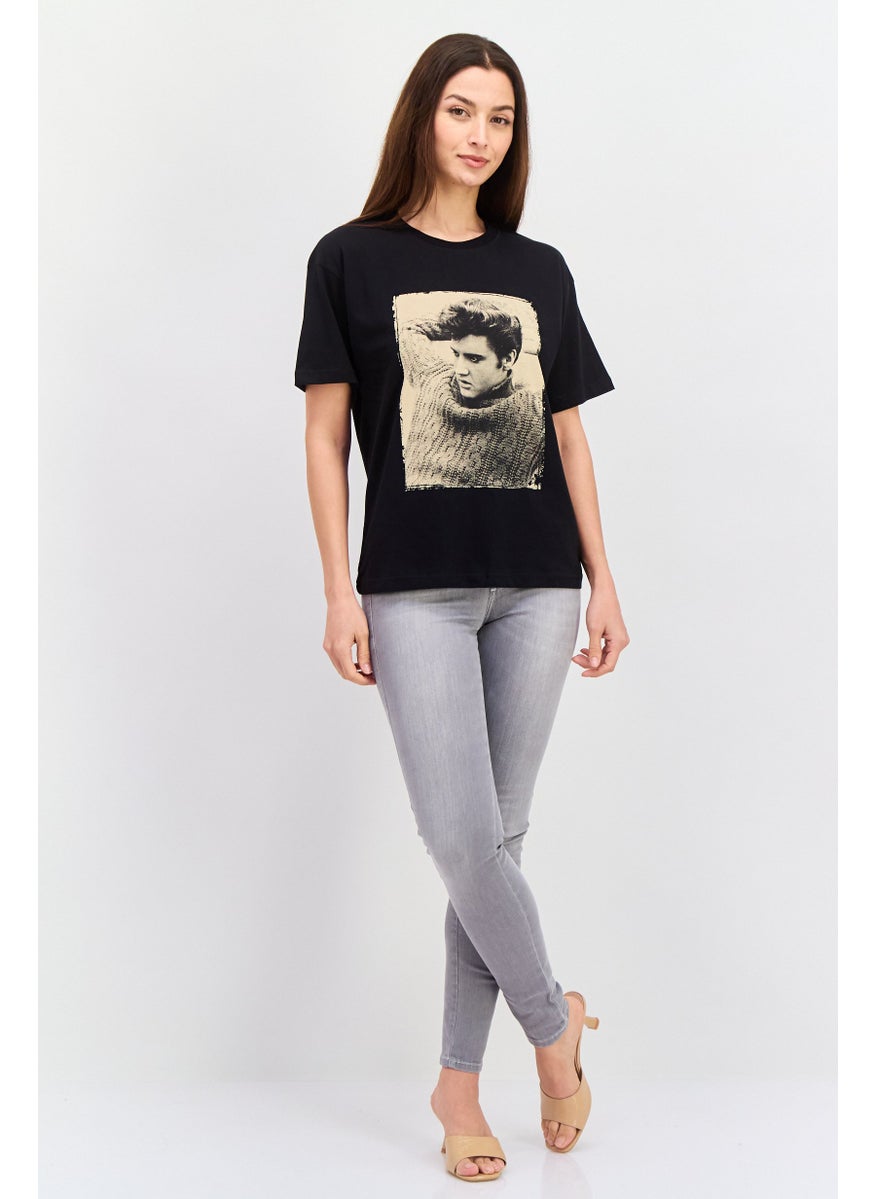 ELVIS Women Crew Neck Short Sleeves Graphic Printed T-Shirt, Black  - Image 4