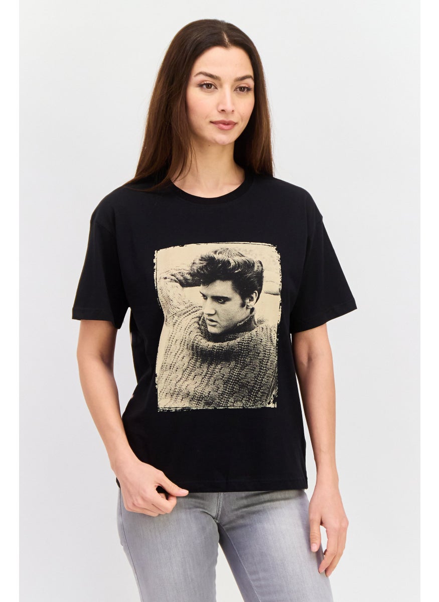 ELVIS Women Crew Neck Short Sleeves Graphic Printed T-Shirt, Black  - Image 1