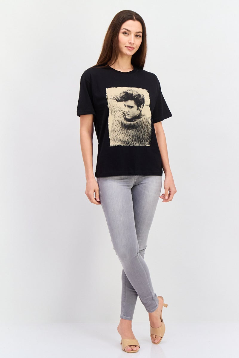 ELVIS Women Crew Neck Short Sleeves Graphic Printed T-Shirt, Black  - Image 4