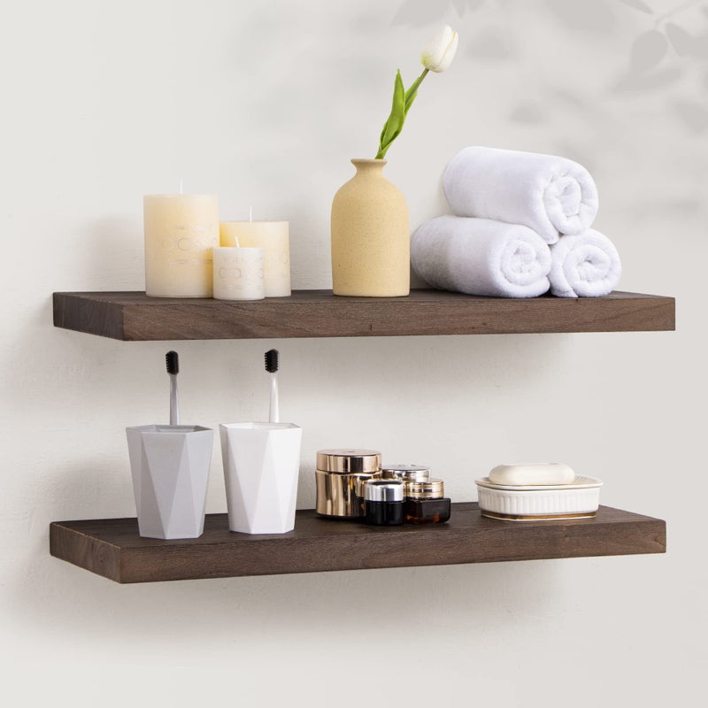 Axeman Floating Shelves for Wall 24W x 8 D Rustic Solid Elm Wood Shelves for Storage Wall Mounted Display Shelving with Invisible HeavyDuty Metal Bracket Walnut 2PCs