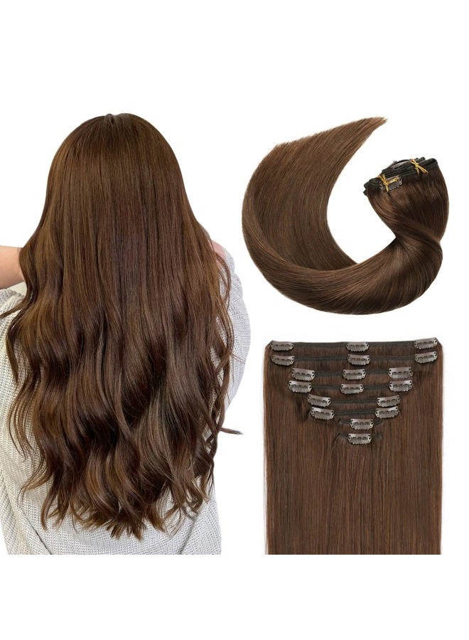 Sunya Clip in Hair Extensions Real Human Hair Chocolate Brown Human Hair Clip in Extensions Double Weft Brown Human Hair Clip ins Straight Hair Extensions Clip ins 20 Inch #4 8Pcs/120g - Image 1