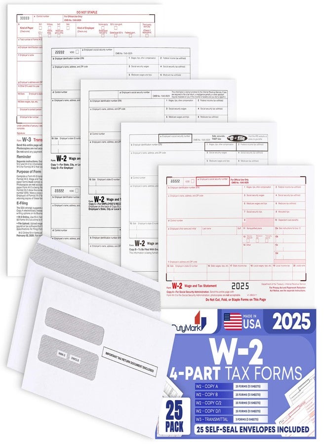 Dutymark W2 Forms 2025 with Envelopes, 4 Part Kit for 25 Employees of Laser W2 Tax Forms IRS-Compatible with 3 W3s, Compatible with Quickbooks Software, Includes 25 Self-Sealing Envelopes - Image 1