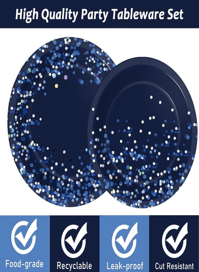 Wiooffen 96 Pcs Blue and Silver Party Supplies Dot Confetti Paper Plates Sparkly Glitter Theme Party Decoration Confetti Party Tableware Set Bridal Shower Birthday Party Paper Plate Napkin Fork 24 Guests - Image 4