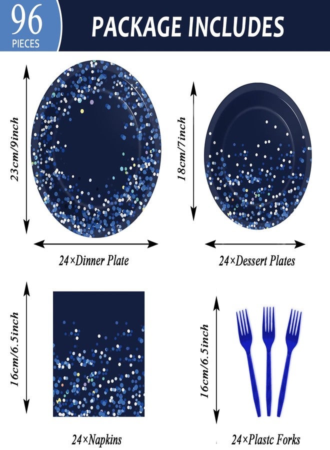 Wiooffen 96 Pcs Blue and Silver Party Supplies Dot Confetti Paper Plates Sparkly Glitter Theme Party Decoration Confetti Party Tableware Set Bridal Shower Birthday Party Paper Plate Napkin Fork 24 Guests - Image 2