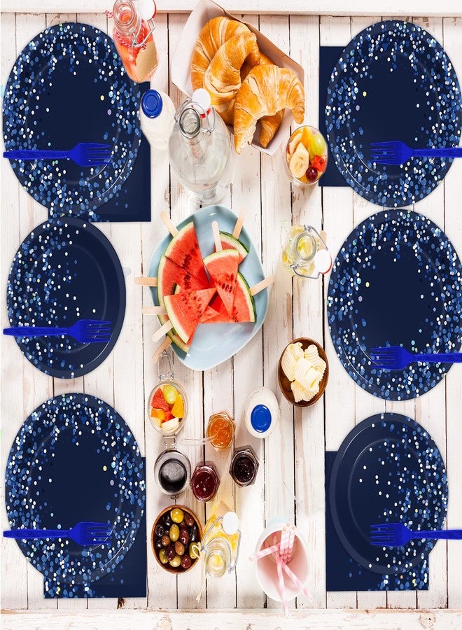 Wiooffen 96 Pcs Blue and Silver Party Supplies Dot Confetti Paper Plates Sparkly Glitter Theme Party Decoration Confetti Party Tableware Set Bridal Shower Birthday Party Paper Plate Napkin Fork 24 Guests - Image 5