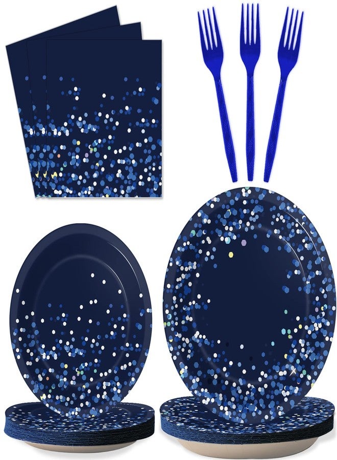Wiooffen 96 Pcs Blue and Silver Party Supplies Dot Confetti Paper Plates Sparkly Glitter Theme Party Decoration Confetti Party Tableware Set Bridal Shower Birthday Party Paper Plate Napkin Fork 24 Guests - Image 1