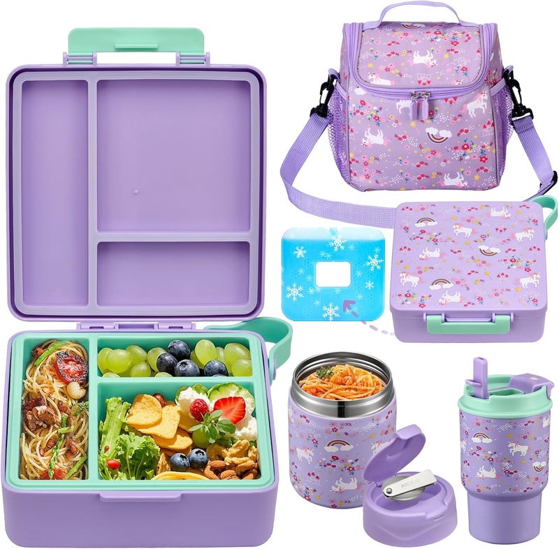 Howeemo Bento Lunch Box for Kids with 17oz Soup Thermo,Insulated Tumbler Water Bottle and Insulated Lunch Bag,Leak-Proof 3 Compartment Lunch Food Container with with Ice Pack for Kids to School-Horse - Image 1