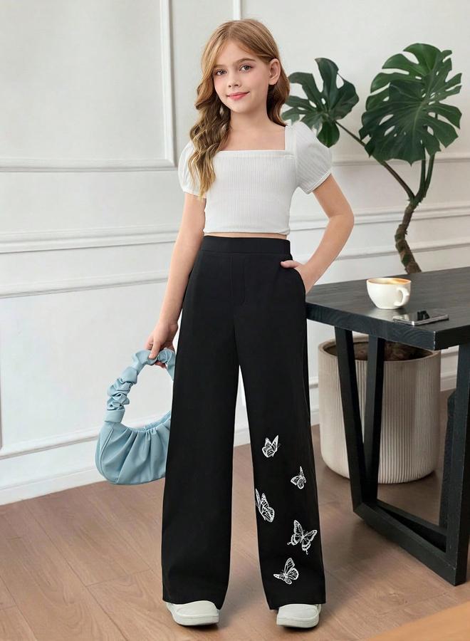Take Two Girls Black Butterfly Print Wide Leg Trousers - Image 1