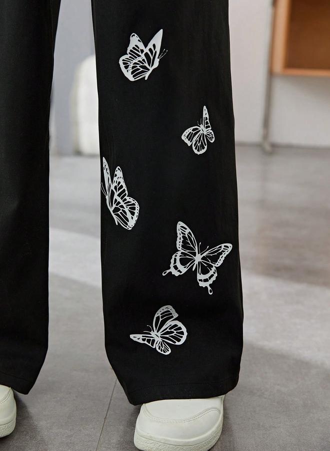 Take Two Girls Black Butterfly Print Wide Leg Trousers - Image 3