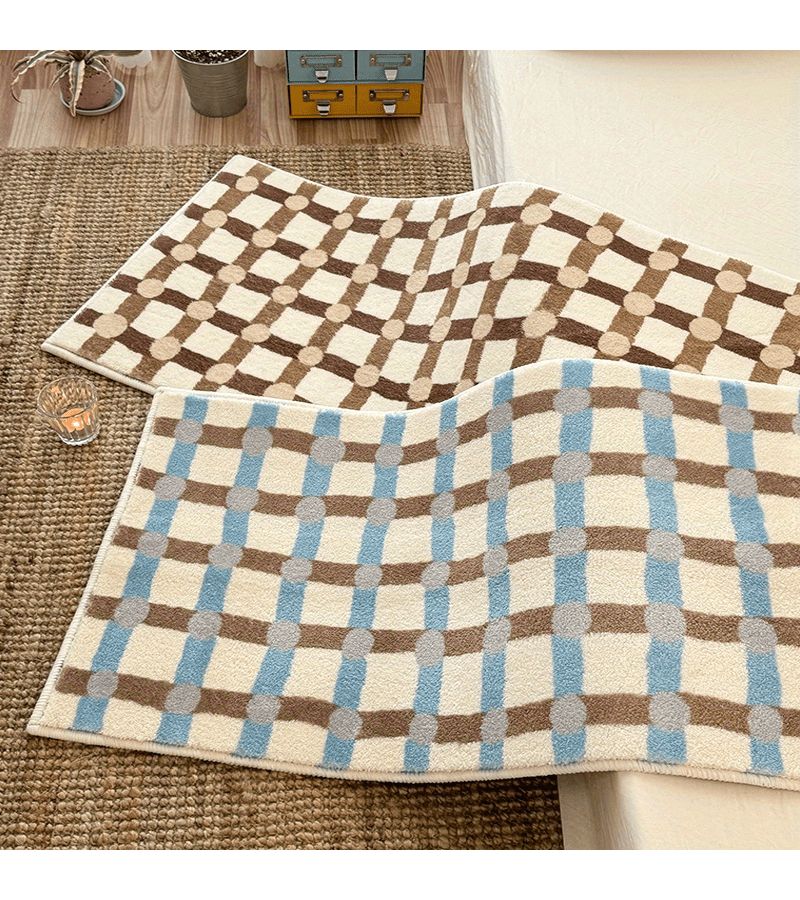 Velvet 1000G 8Mm Easy Blue And Brown Checkered Pattern Soft Faux Cashmere Rug For Bedroom Bedside Living Room Hallway Long Non Slip Decorative Carpet X-245-F 15.75x47.24inch - Image 1