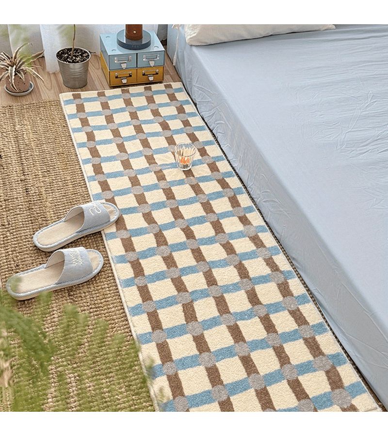 Velvet 1000G 8Mm Easy Blue And Brown Checkered Pattern Soft Faux Cashmere Rug For Bedroom Bedside Living Room Hallway Long Non Slip Decorative Carpet X-245-F 15.75x47.24inch - Image 4