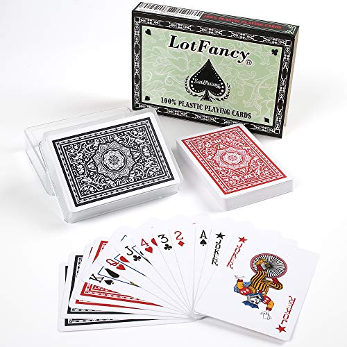 LotFancy Waterproof Playing Cards, 100% Plastic, 2 Decks of Cards with Cases, for Pool Beach Water Card Games, Magic Trick Props, Poker Size Standard Index, Black & Red - Image 1
