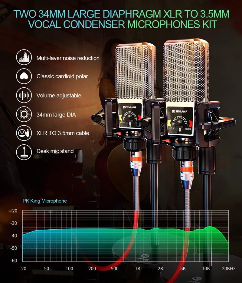 tenlamp Audio Mixer with Sound Card, tenlamp Two 3.5mm Studio Condenser Microphone and G3 Audio interface, Sound Board Voice Changer, Podcast Equipment Bundle for PC Recording Gaming Live Streaming Podcast - Image 2