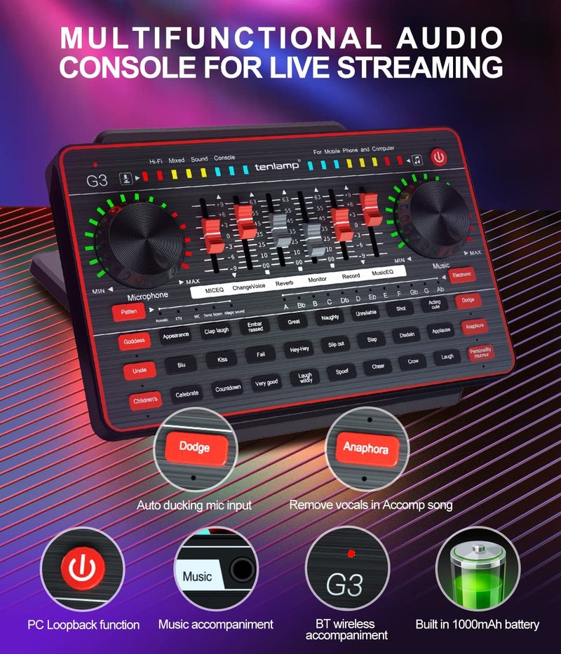 tenlamp Audio Mixer with Sound Card, tenlamp Two 3.5mm Studio Condenser Microphone and G3 Audio interface, Sound Board Voice Changer, Podcast Equipment Bundle for PC Recording Gaming Live Streaming Podcast - Image 4