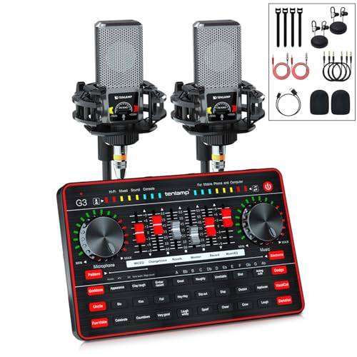 tenlamp Audio Mixer with Sound Card, tenlamp Two 3.5mm Studio Condenser Microphone and G3 Audio interface, Sound Board Voice Changer, Podcast Equipment Bundle for PC Recording Gaming Live Streaming Podcast - Image 1