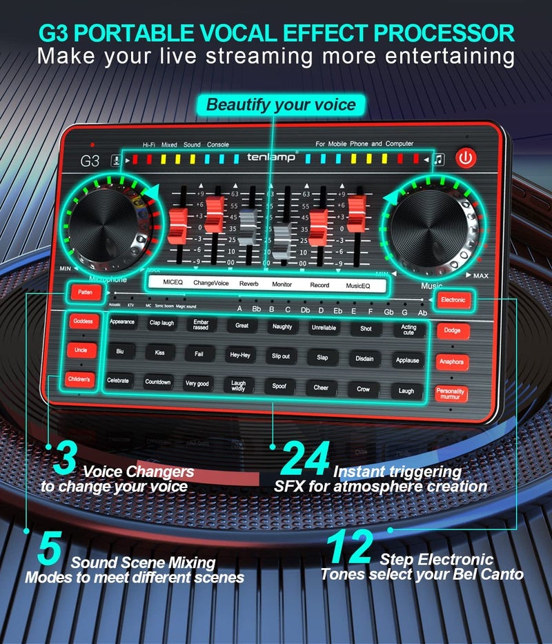 tenlamp Audio Mixer with Sound Card, tenlamp Two 3.5mm Studio Condenser Microphone and G3 Audio interface, Sound Board Voice Changer, Podcast Equipment Bundle for PC Recording Gaming Live Streaming Podcast - Image 3