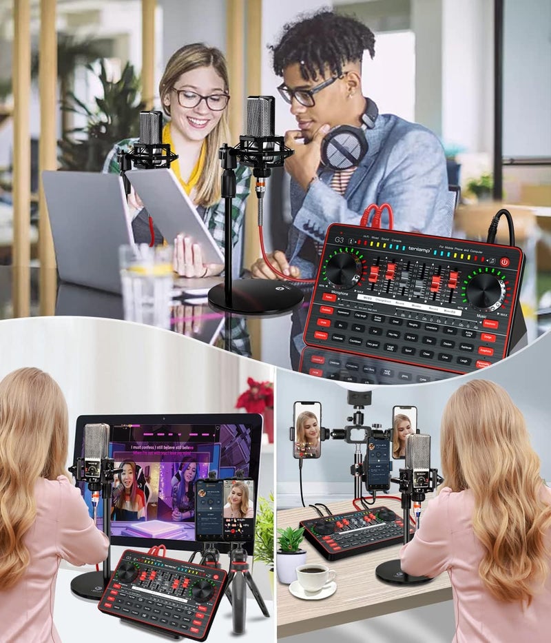 tenlamp Audio Mixer with Sound Card, tenlamp Two 3.5mm Studio Condenser Microphone and G3 Audio interface, Sound Board Voice Changer, Podcast Equipment Bundle for PC Recording Gaming Live Streaming Podcast - Image 5