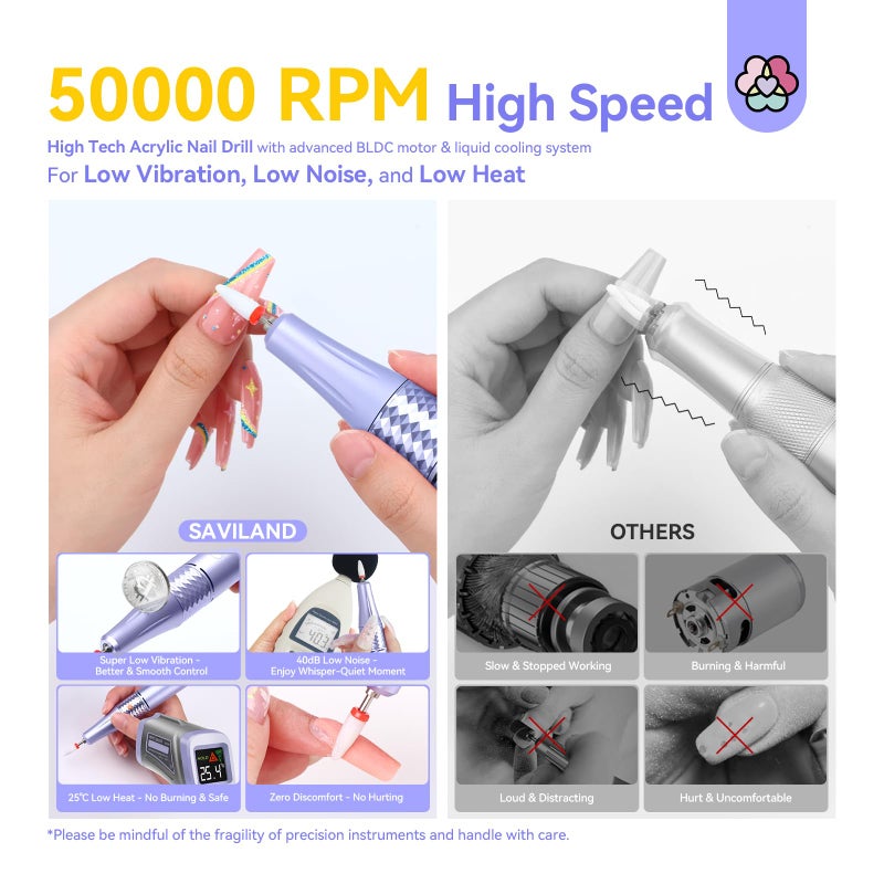 SAVILAND 50000RPM Nail Drill for Acrylic: 2025 Pro High Tech Fast Removal Electric Nails Drill Kit 6000mAh Rechargeable Machine Professional Drill Bit Nail File Buffer Tools Salon Manicure Pedicure - Image 5