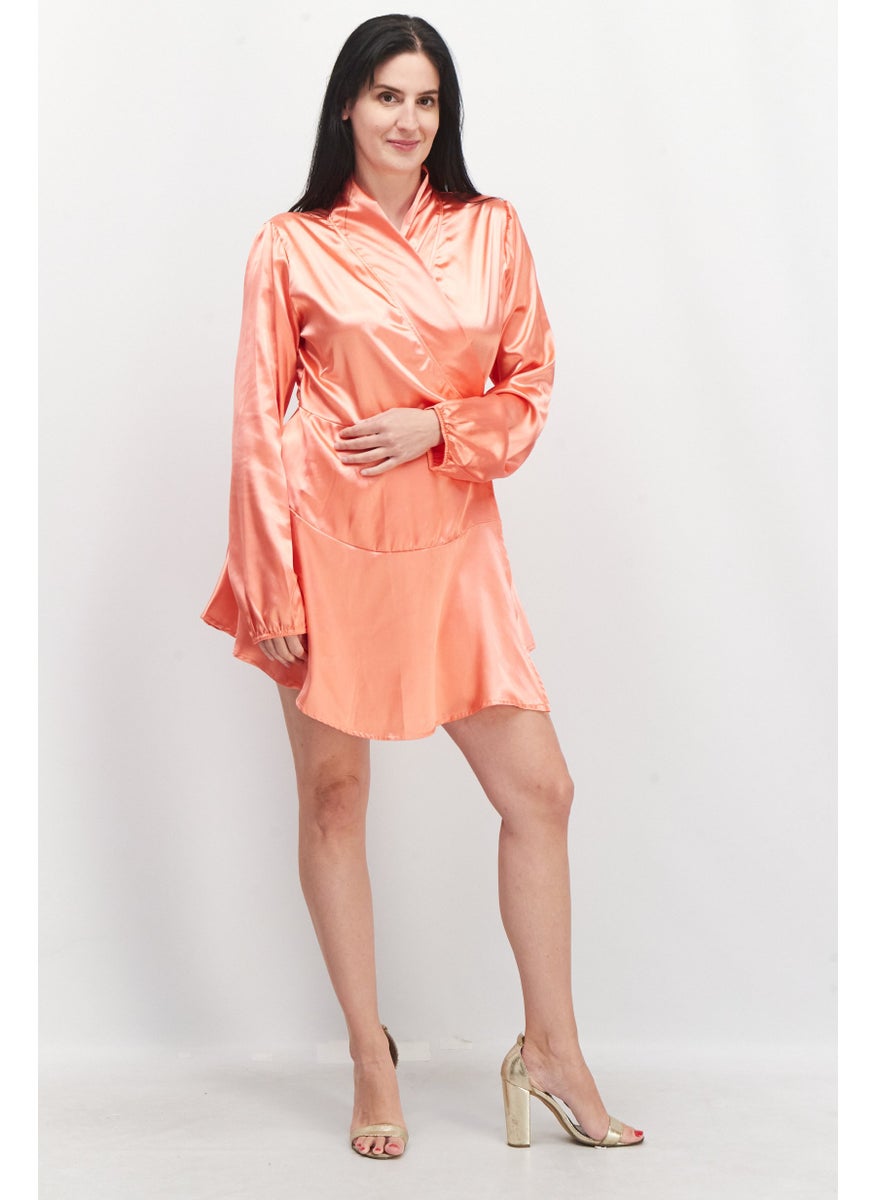 TFNC - Women Plain Wrap Mini Dress, Peach - Image 1
