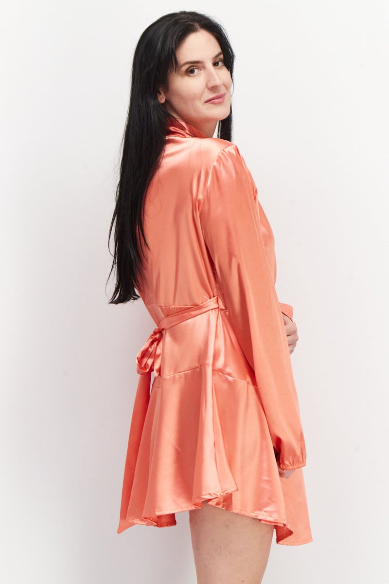 TFNC Women Plain Wrap Mini Dress, Peach - Image 4