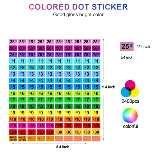 Darfukei Garage Sale Stickers, 2400 PCS 3/4 Inch*1/2 Inch Price Stickers for Yard Sales, Flea Markets, County Fairs & Retail Use, Pricemarker Labels, Colorful Price Tags - Image 2