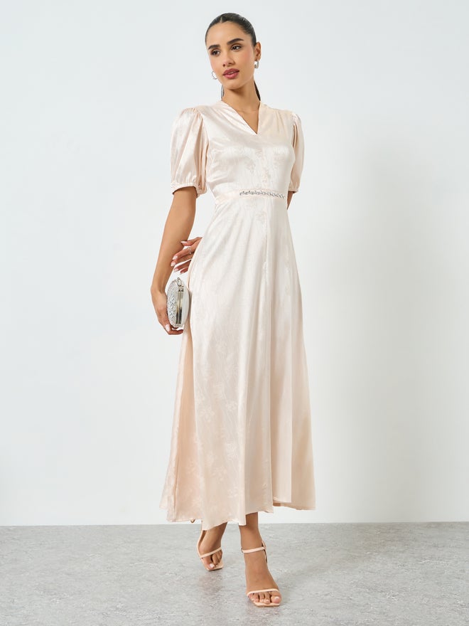Styli Cream Studded Waist Jacquard Maxi Dress - Image 1