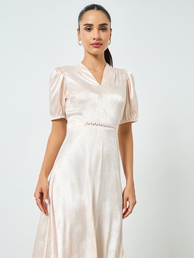 Styli Cream Studded Waist Jacquard Maxi Dress - Image 3