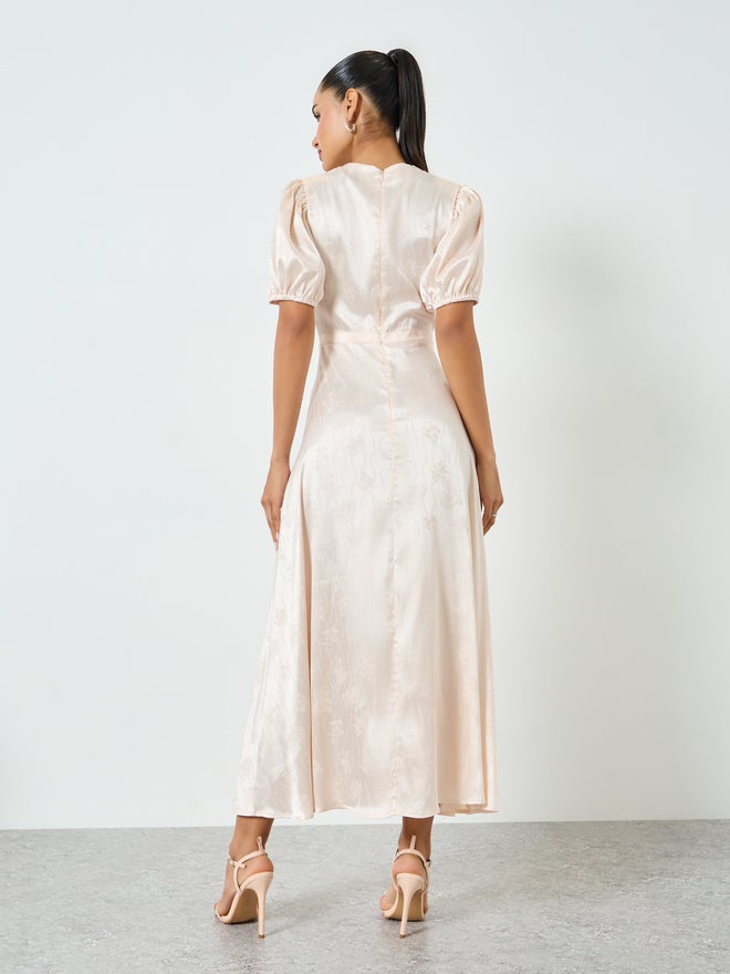 Styli Cream Studded Waist Jacquard Maxi Dress - Image 5