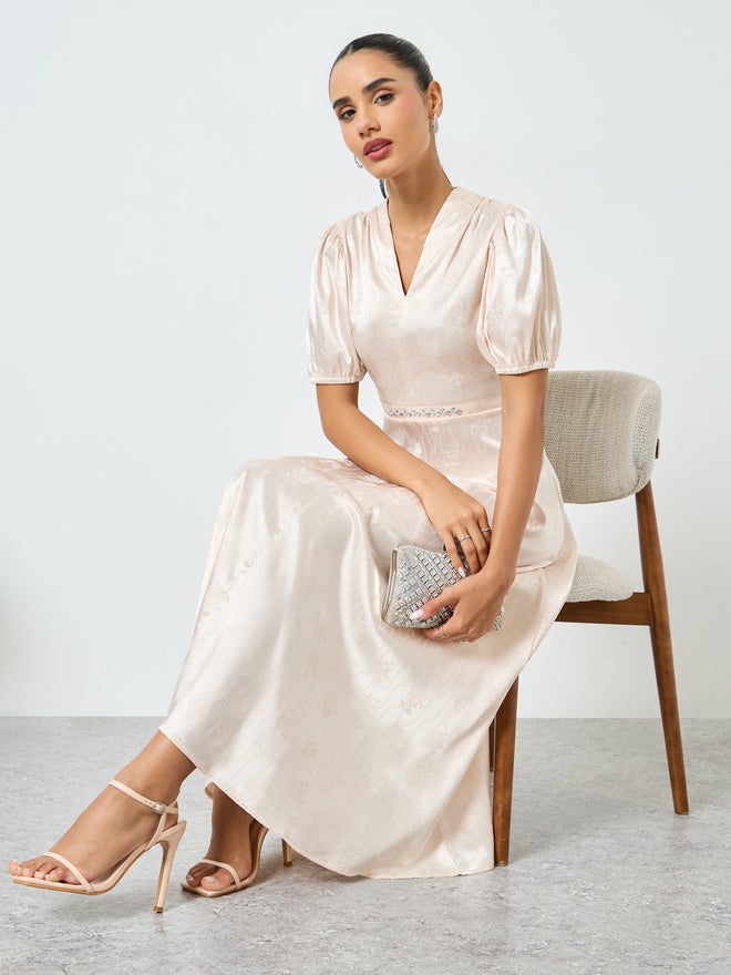 Styli Cream Studded Waist Jacquard Maxi Dress - Image 2