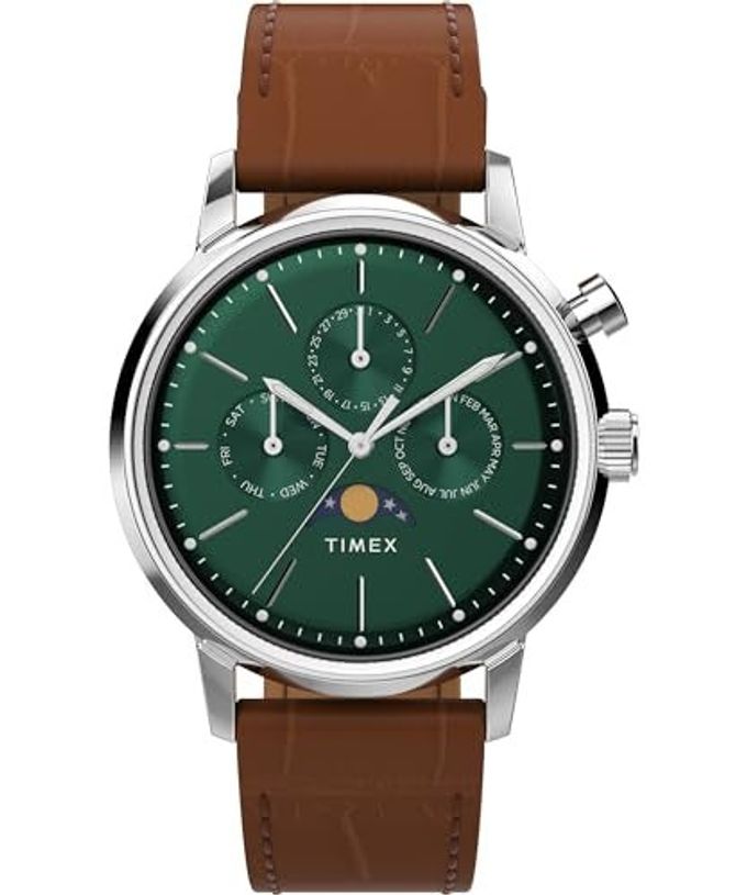 TIMEX Men'S Marlin Moon Phase 40Mm Watch Brown Strap Green Dial Stainless Steel Case - Image 1