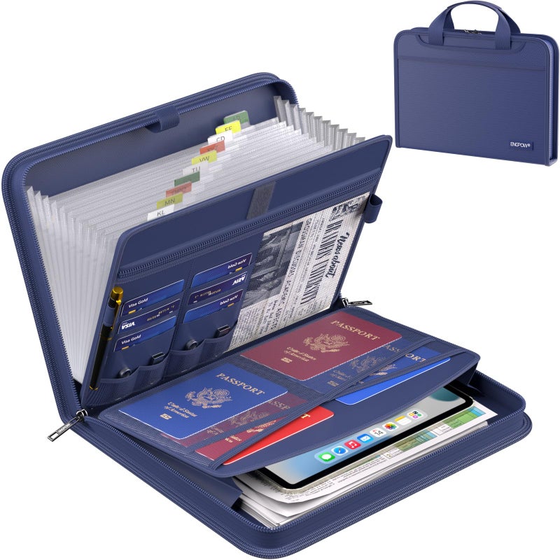 ENGPOW Accordion File Organizer,Fireproof Expanding File Folder with Multi Pockets,13 Pockets Document Organizer with Handle & Labels,Portable Home Travel Safe Storage Folder for Letter A4 Files,Blue - Image 1