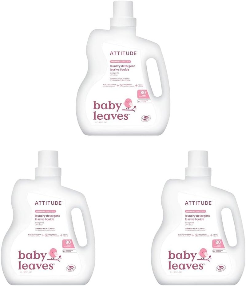 ATTITUDE Baby Laundry Detergent Liquid, EWG Verified, Safe for Baby Clothes, Infant and Newborn, Vegan and Naturally Derived Washing Soap, HE Compatible, Unscented, 80 Loads, 2 Liters (Pack of 3) - Image 1
