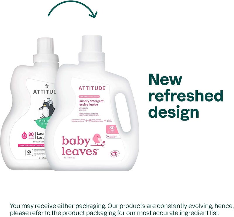 ATTITUDE Baby Laundry Detergent Liquid, EWG Verified, Safe for Baby Clothes, Infant and Newborn, Vegan and Naturally Derived Washing Soap, HE Compatible, Unscented, 80 Loads, 2 Liters (Pack of 3) - Image 2