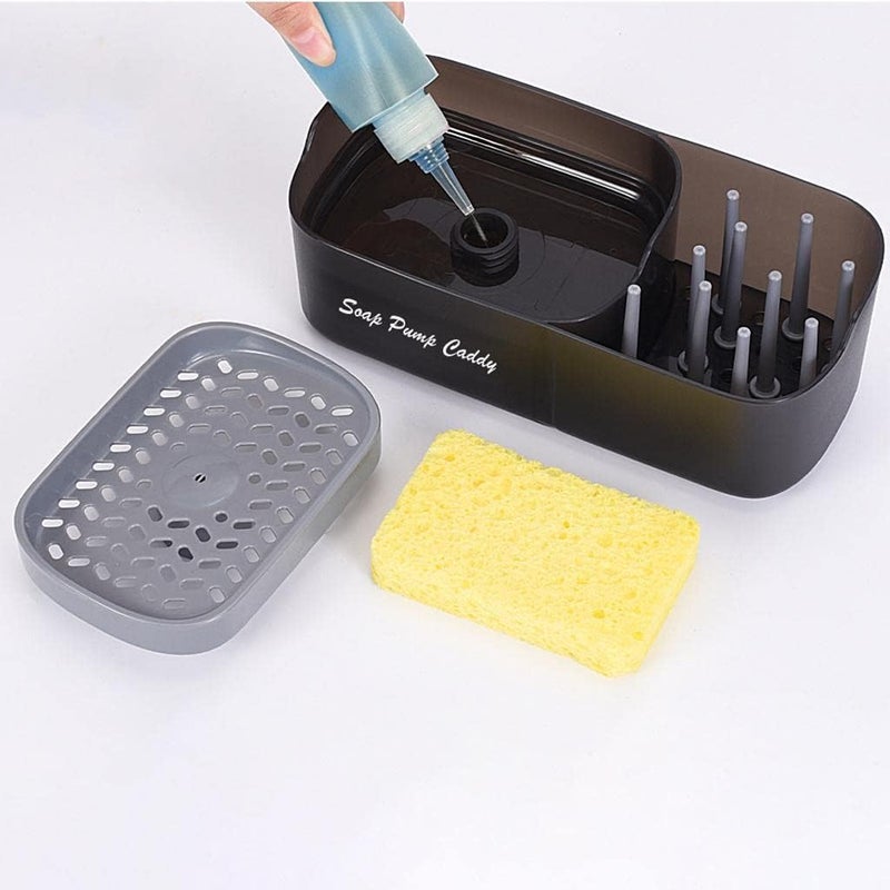 VDHJA 3in1 Kitchen Dish Soap Dispenser with Sponge Holder Countertop Soap Pump Caddy for Sink Dishwashing MultiStorage Organizer for Sponges Brushes and Cleaning Tools Black Plastic - Image 5