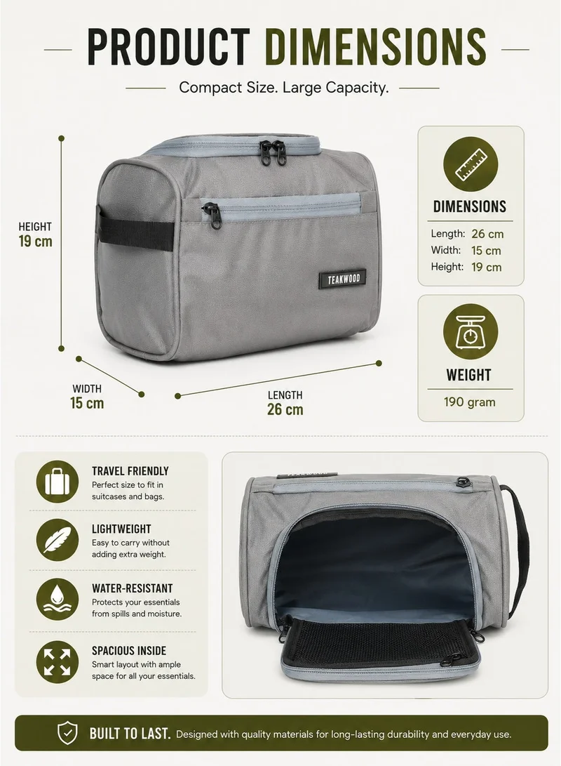 Teakwood Grey Teakwood Essentials Grey Travel Toiletry Bag | Large Capacity Wash Bag for Men & Women | Water-Resistant | Multi-Compartment | Hanging Hook | Durable Easy-to-Clean Grooming Organizer | Ideal for Travel, Gym & Bathroom Use  | Best Price UAE