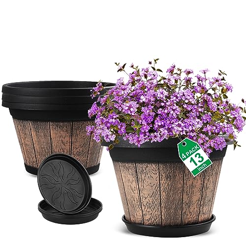 Quarut Large Plastic Plant Pots Set of 4 Pack13 inch,Whiskey Barrel Planters with Drainage Holes & Saucer.Flower Pots Imitation Wine Barrel Design for Indoor & Outdoor Garden Balcony Plants (Brown) - Image 1