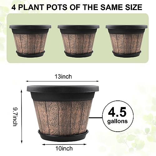 Quarut Large Plastic Plant Pots Set of 4 Pack13 inch,Whiskey Barrel Planters with Drainage Holes & Saucer.Flower Pots Imitation Wine Barrel Design for Indoor & Outdoor Garden Balcony Plants (Brown) - Image 2