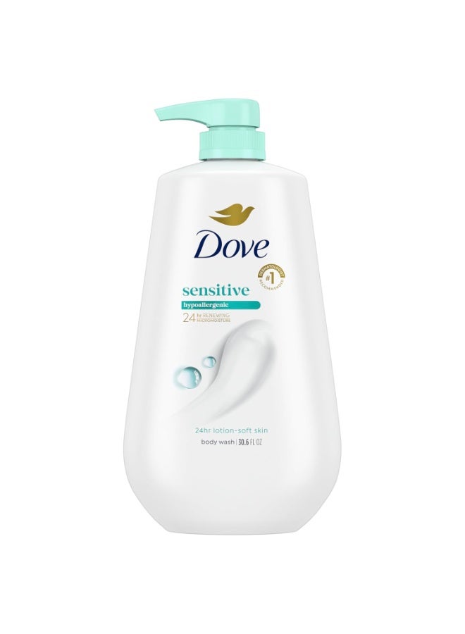 Dove غسول الجسم دوف مع مضخة للبشرة الحساسة، مضاد للحساسية، خالٍ من البارابين، خالٍ من الكبريتات، خالٍ من القسوة، منظف مرطب للبشرة يزيل البكتيريا بفعالية مع تغذية البشرة 30.6 أونصة - Image 1