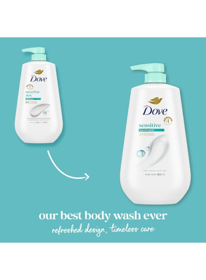 Dove غسول الجسم دوف مع مضخة للبشرة الحساسة، مضاد للحساسية، خالٍ من البارابين، خالٍ من الكبريتات، خالٍ من القسوة، منظف مرطب للبشرة يزيل البكتيريا بفعالية مع تغذية البشرة 30.6 أونصة - Image 2