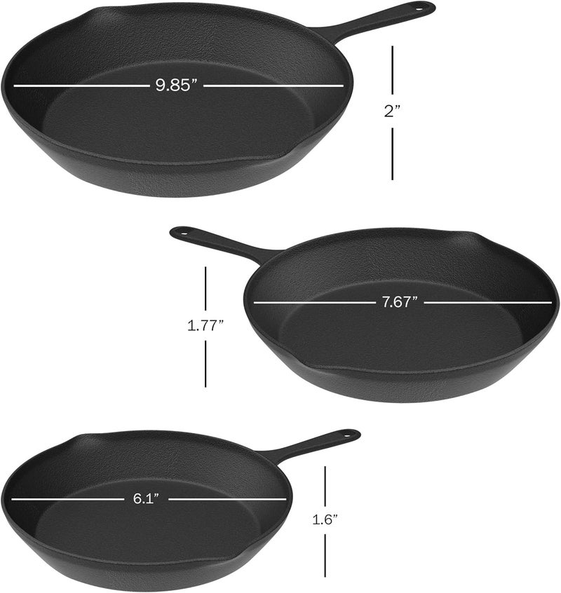 Home-Complete Frying Pans - Set of 3 Pre-Seasoned Cast Iron Skillets with 10-Inch, 8-Inch, and 6-Inch Sizes - Nonstick Camping Cookware by (Black) - Image 2