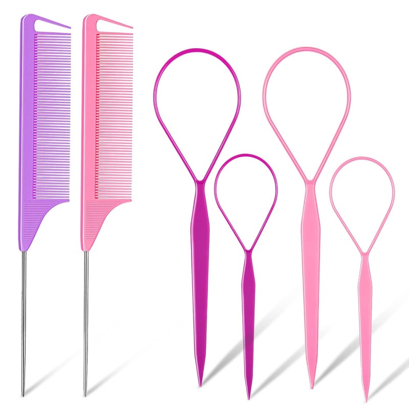 TsMADDTs TsMADDTs Hair Loop Tool Set 6Pack with 2Pairs French Braid Tool Loop 2Pcs Rat Tail Comb for Hair Styling PurplePink