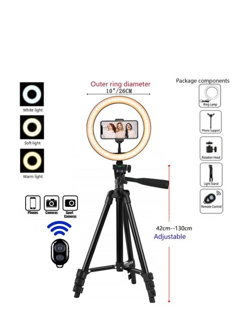 130 Cm Extendable Phone Tripod And Camera Stand With Bluetooth Remote And Clip And 10 Inch Fill Light