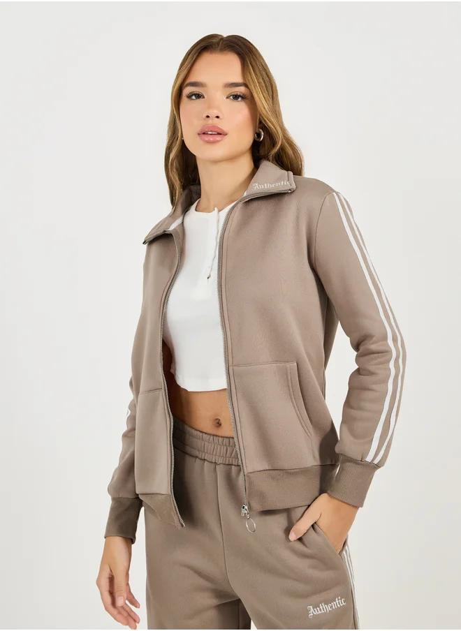 Styli Styli Contrast Stripe Detail Front Zip Jacket and Embroidered Detail Pants Co-Ords
