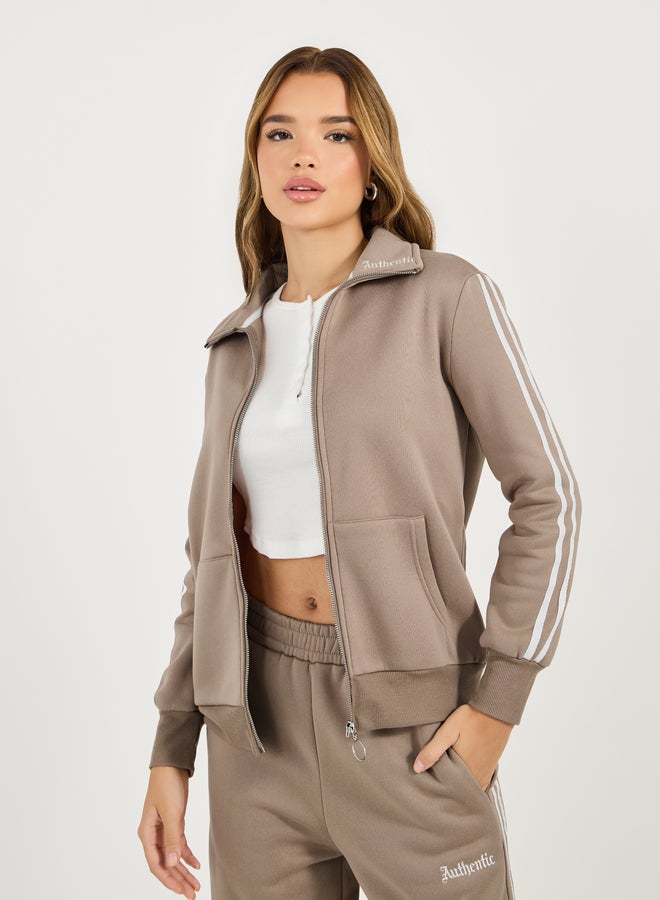 Styli Styli Contrast Stripe Detail Front Zip Jacket and Embroidered Detail Pants Co-Ords  - Image 2